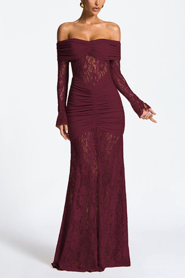 Abito Maxi Attillato a Manica Lunga con Pizzo in Patchwork di Colore Solido e Spalle Scoperte