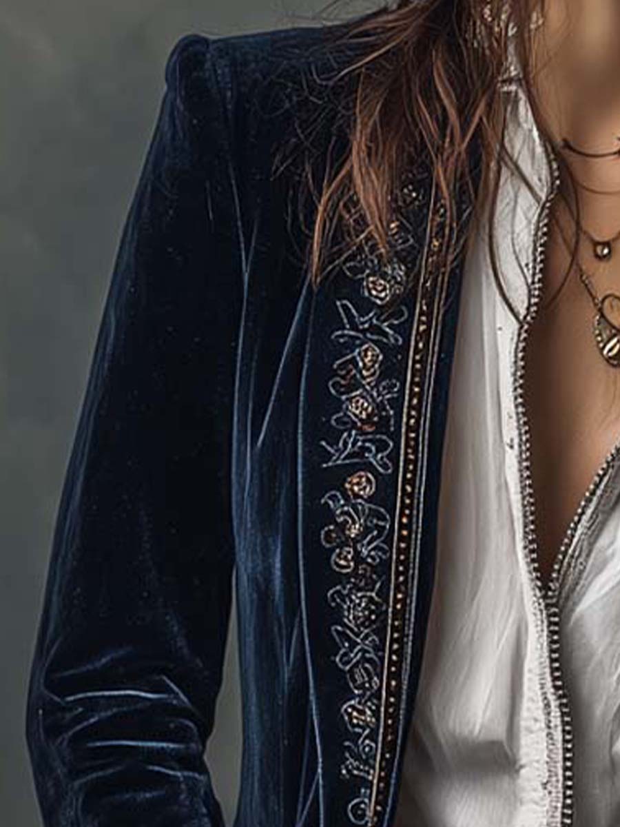 Athénaïs | Giacca Lunga Ricamata Vintage Blu Marino