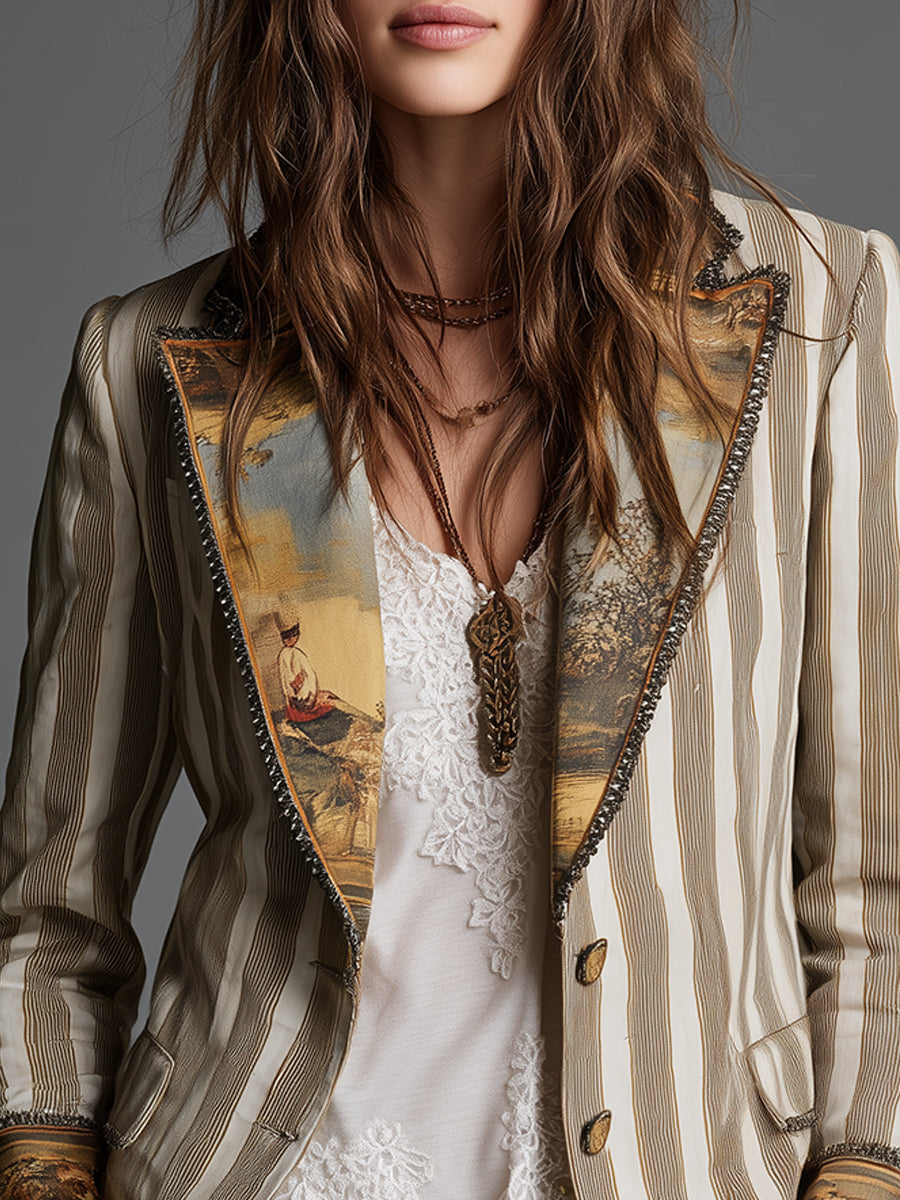 Suzanne | Blazer Bohemien Striato con Collo Stampato
