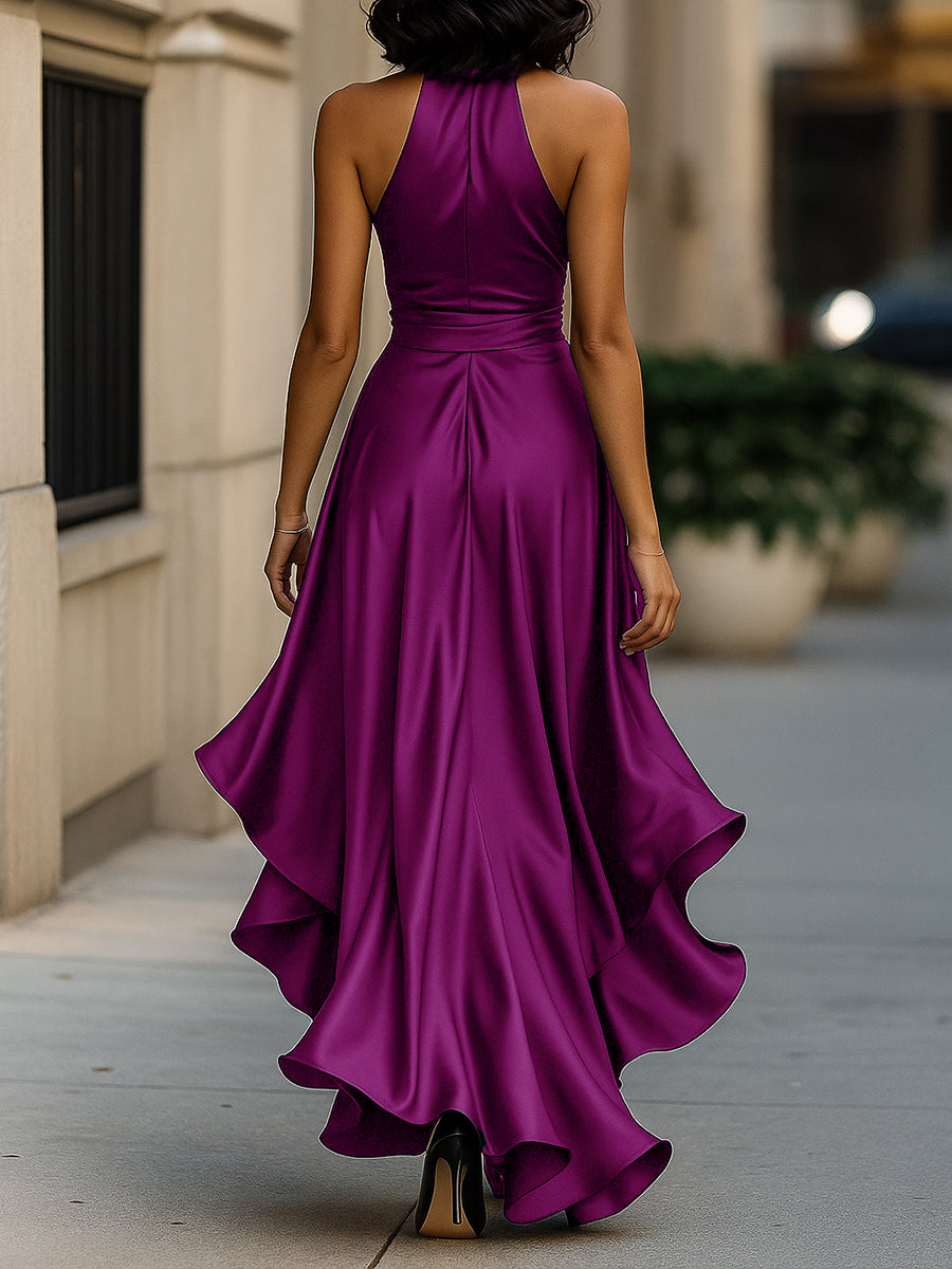 Triana | Abito in Raso con Volant Halter Eleganza di Mezzanotte