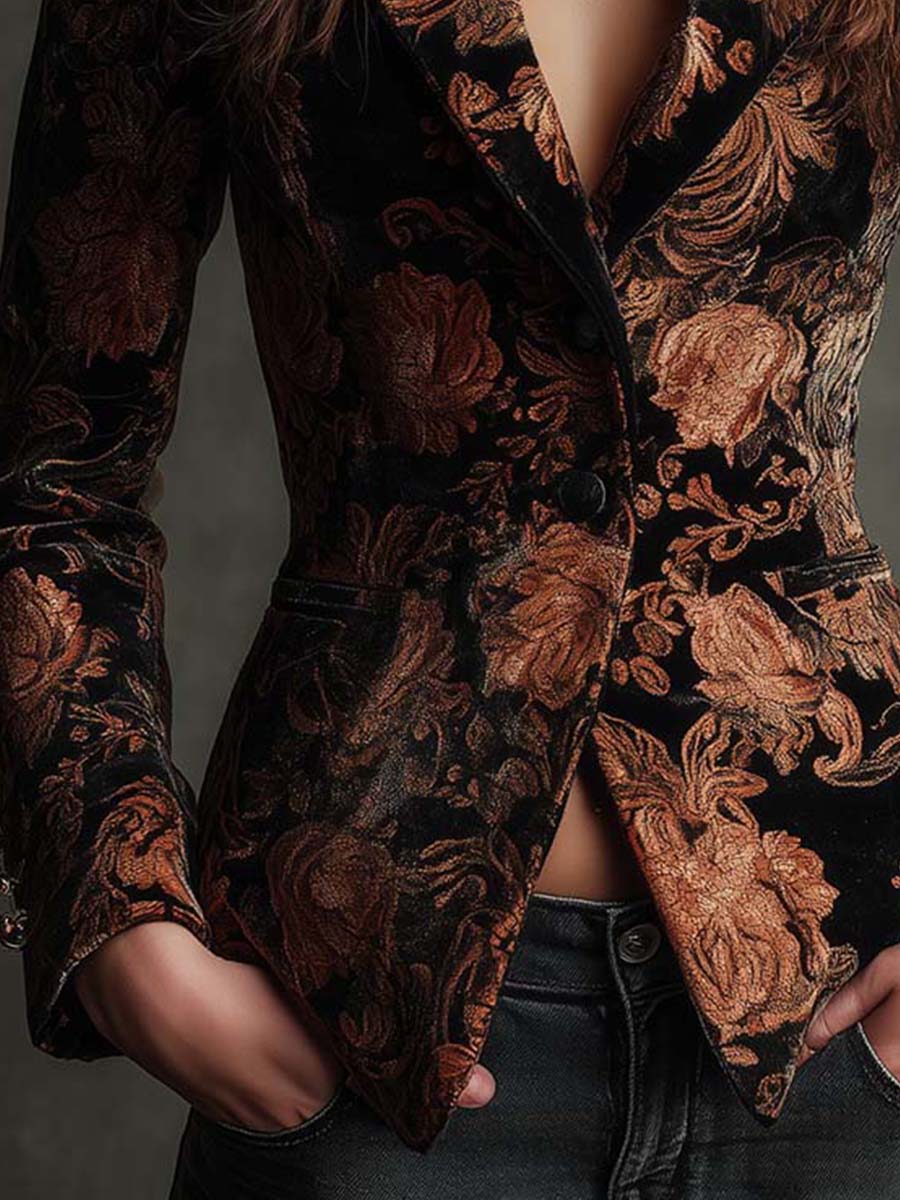 Bertille | Blazer Tailleur Stampato Floreale Nero e Bronzo