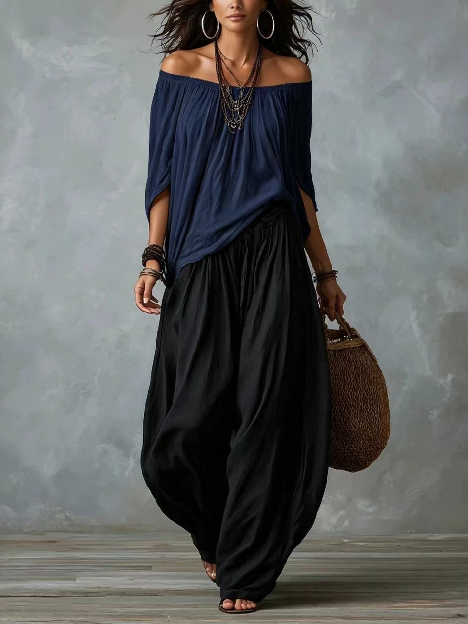 Marta | Completo Top Bianco Off-the-shoulder e Pantaloni Lantern Larghi