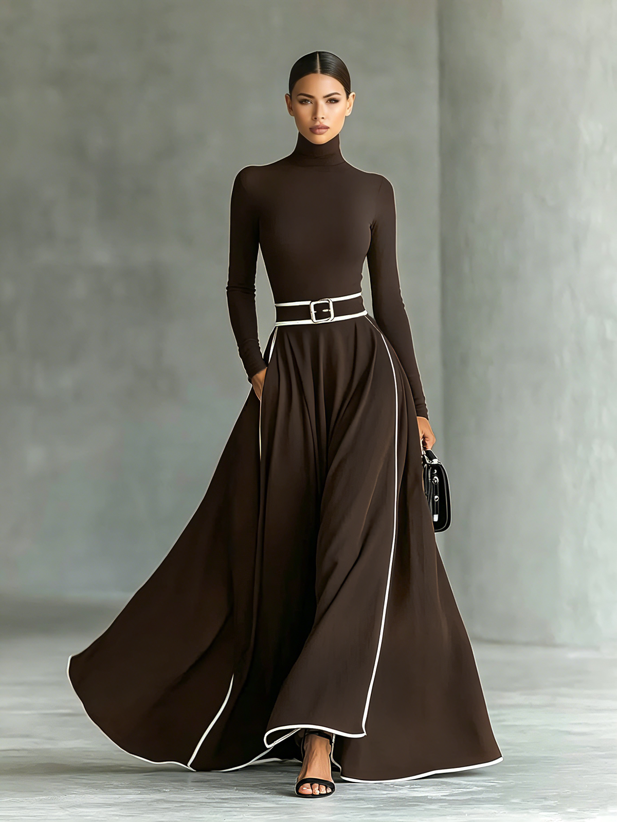 Colette | Abito Maxi Donna Nero con Cuciture Bianche e Collo Alto, Maniche Lunghe, Vita Sottile