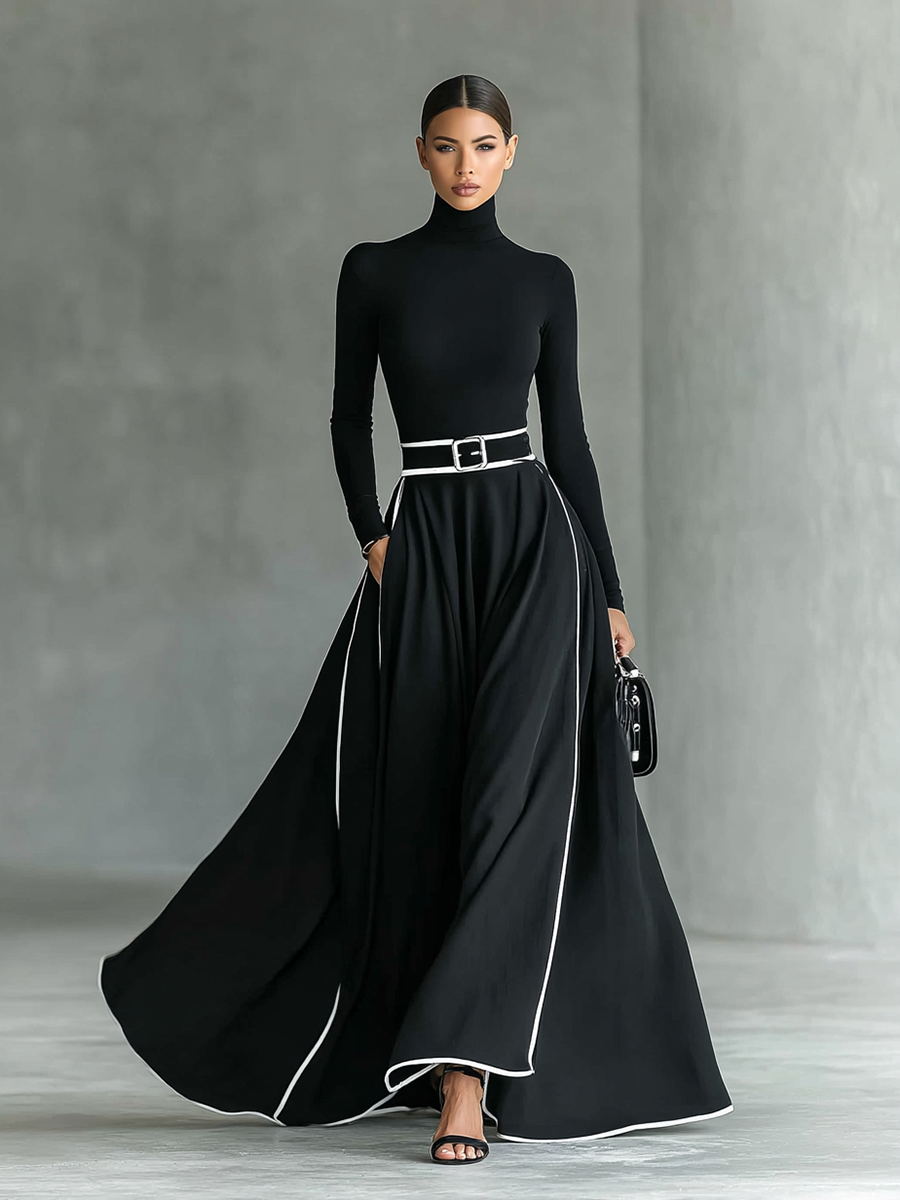 Colette | Abito Maxi Donna Nero con Cuciture Bianche e Collo Alto, Maniche Lunghe, Vita Sottile