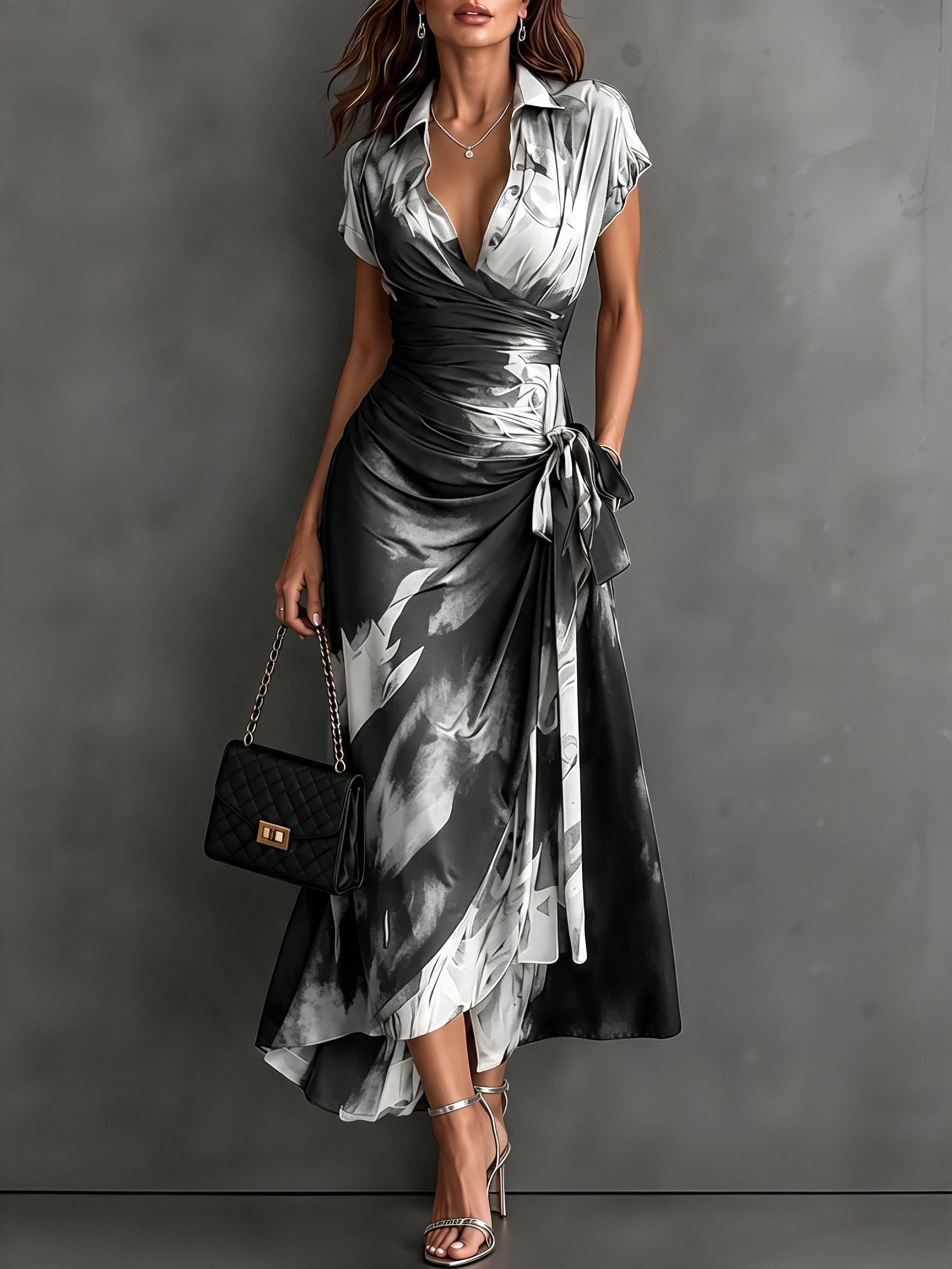 Malesia | Vestito Midi Avvolgente Astratto Rosso e Nero con Collo Camicia, Scollatura a V