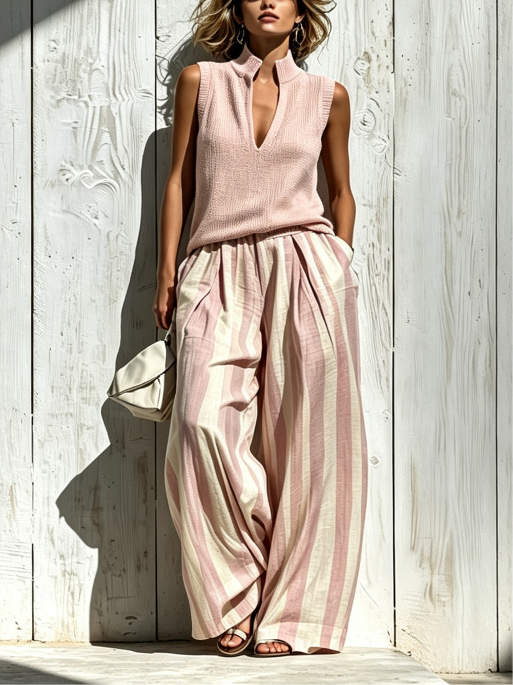 Set top senza maniche rosa e pantaloni a righe larghi
