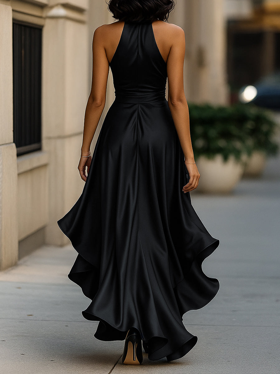 Triana | Abito in Raso con Volant Halter Eleganza di Mezzanotte
