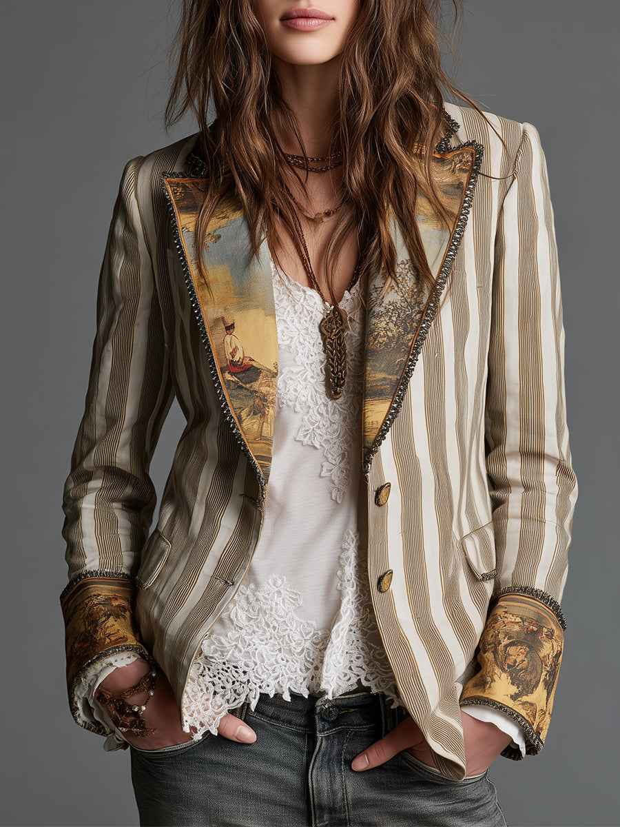 Suzanne | Blazer Bohemien Striato con Collo Stampato