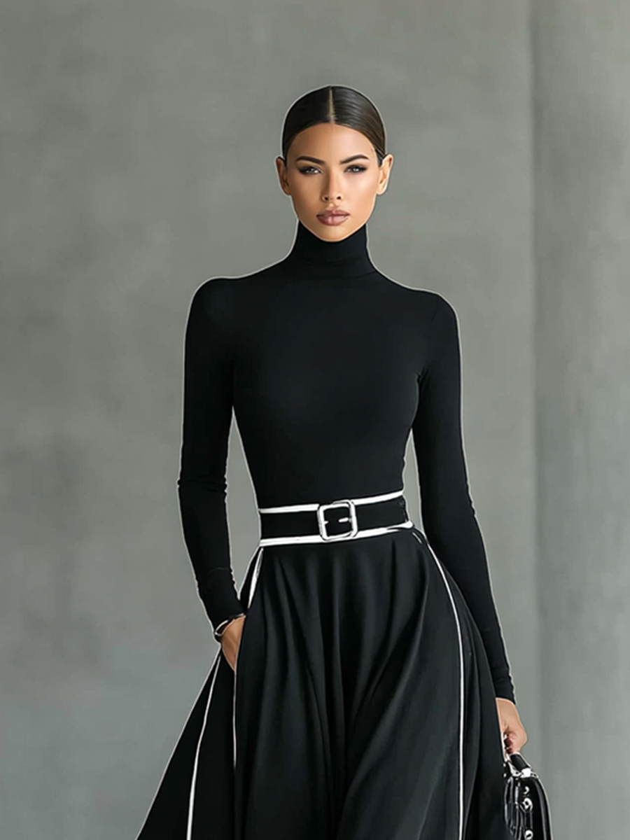 Colette | Abito Maxi Donna Nero con Cuciture Bianche e Collo Alto, Maniche Lunghe, Vita Sottile