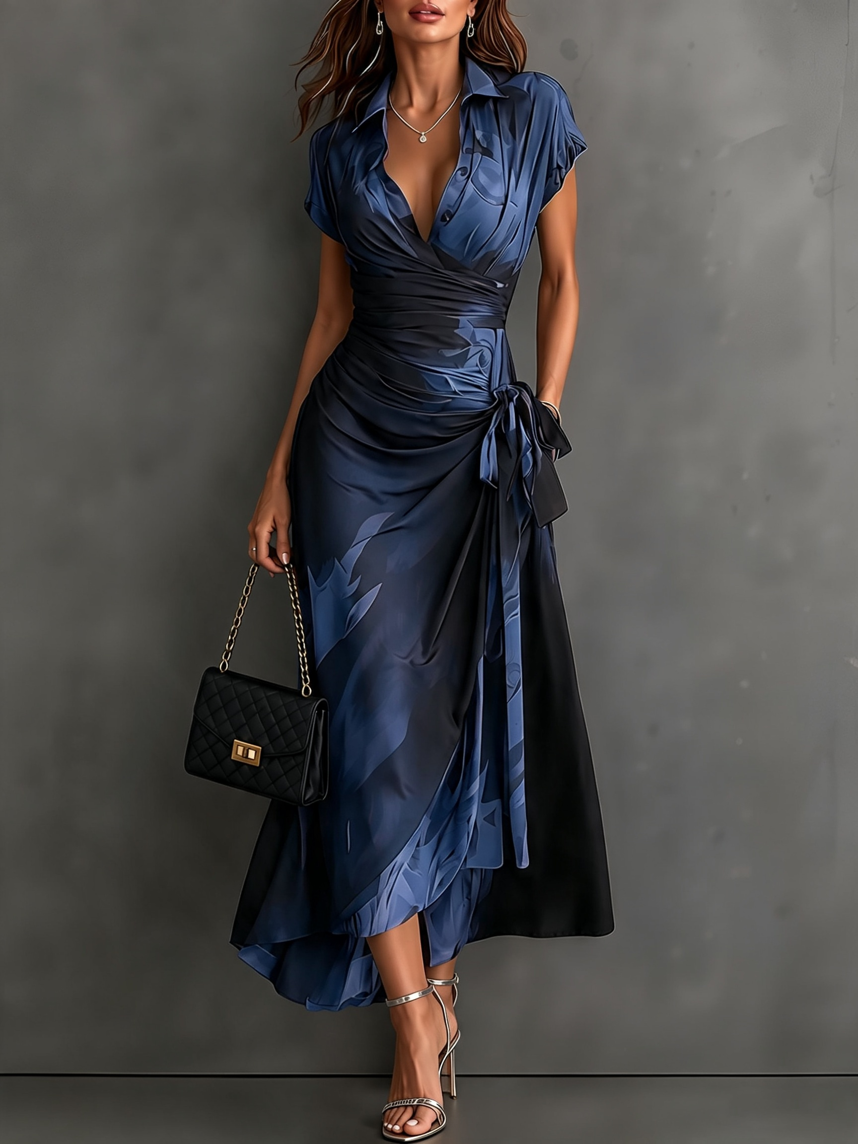 Malesia | Vestito Midi Avvolgente Astratto Rosso e Nero con Collo Camicia, Scollatura a V