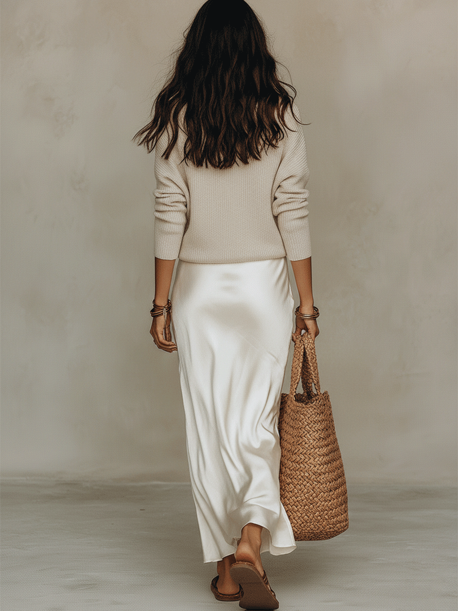Lucia | Completo Elegante di Maglione a Maglia e Gonna Midi in Satin Grigio