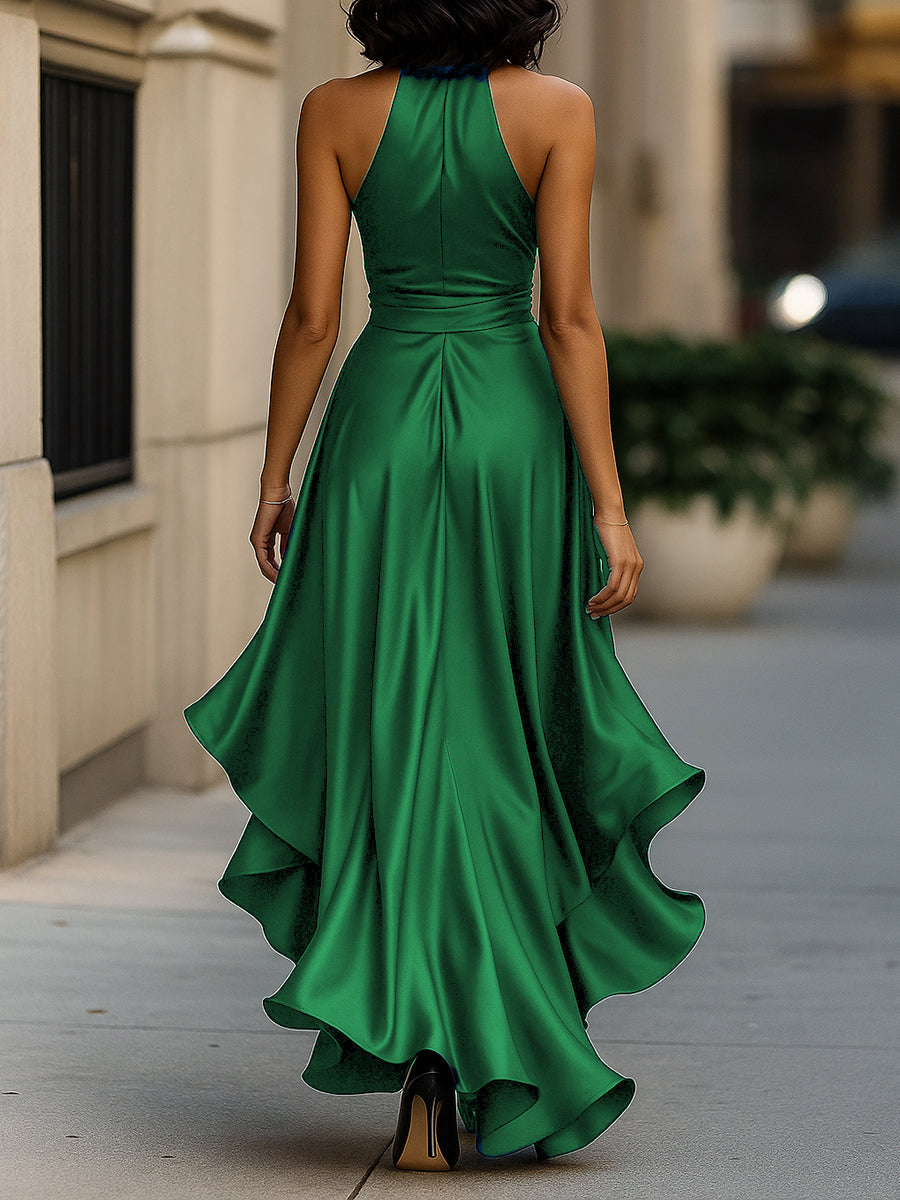 Triana | Abito in Raso con Volant Halter Eleganza di Mezzanotte