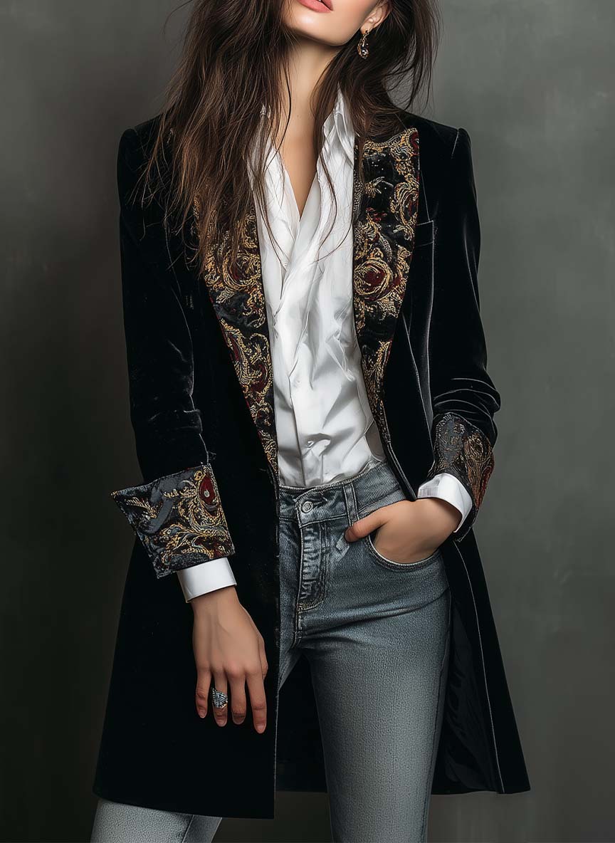 Léontine | Blazer Sottile Stampato Barocco Nero