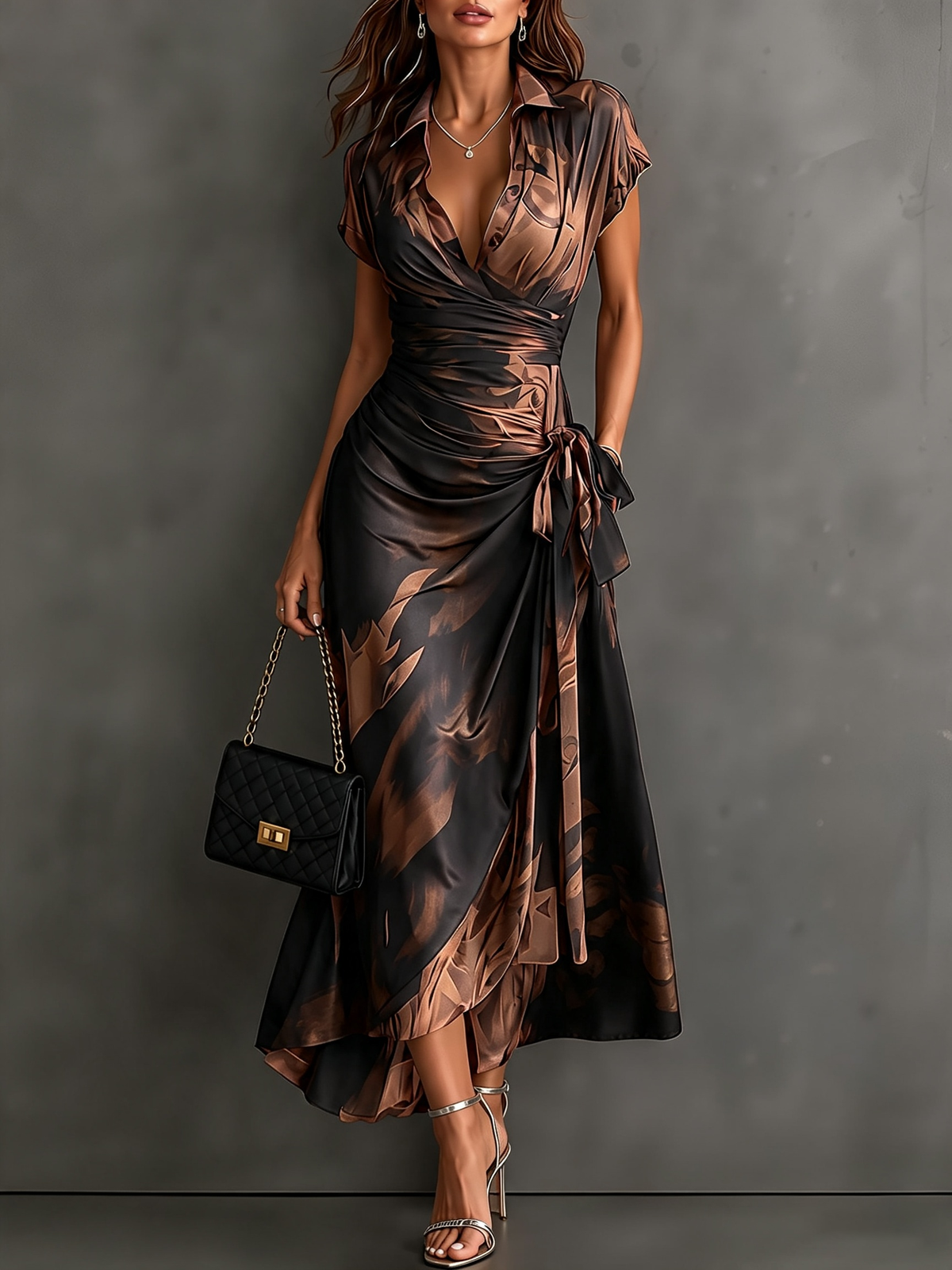Malesia | Vestito Midi Avvolgente Astratto Rosso e Nero con Collo Camicia, Scollatura a V