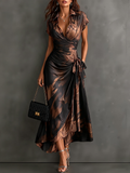 Carla | Vestito Midi a Portafoglio Astratto Nero Marrone con Colletto a Camicia, Scollo a V
