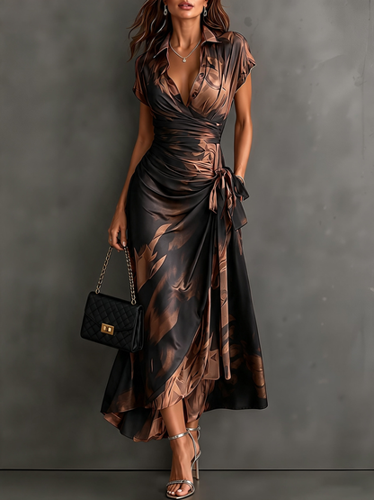 Carla | Vestito Midi a Portafoglio Astratto Nero Marrone con Colletto a Camicia, Scollo a V