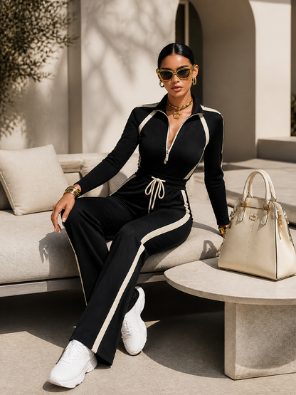 Doriana | Completo Sportivo con Bande a Contrasto e Mezza Zip, Nero