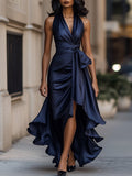 Triana | Abito in Raso con Volant Halter Eleganza di Mezzanotte