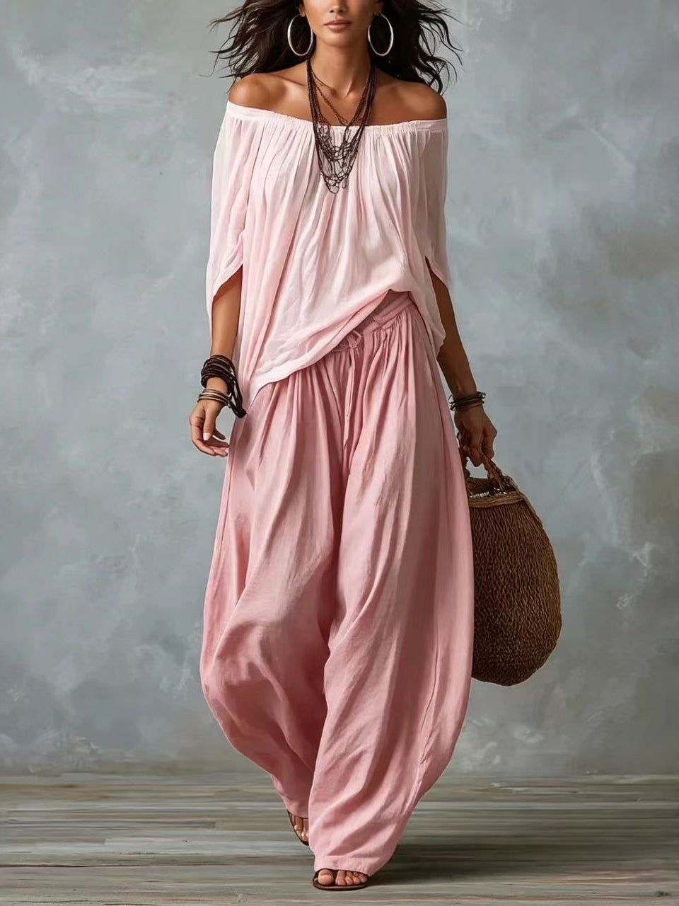 Marta | Completo Top Bianco Off-the-shoulder e Pantaloni Lantern Larghi