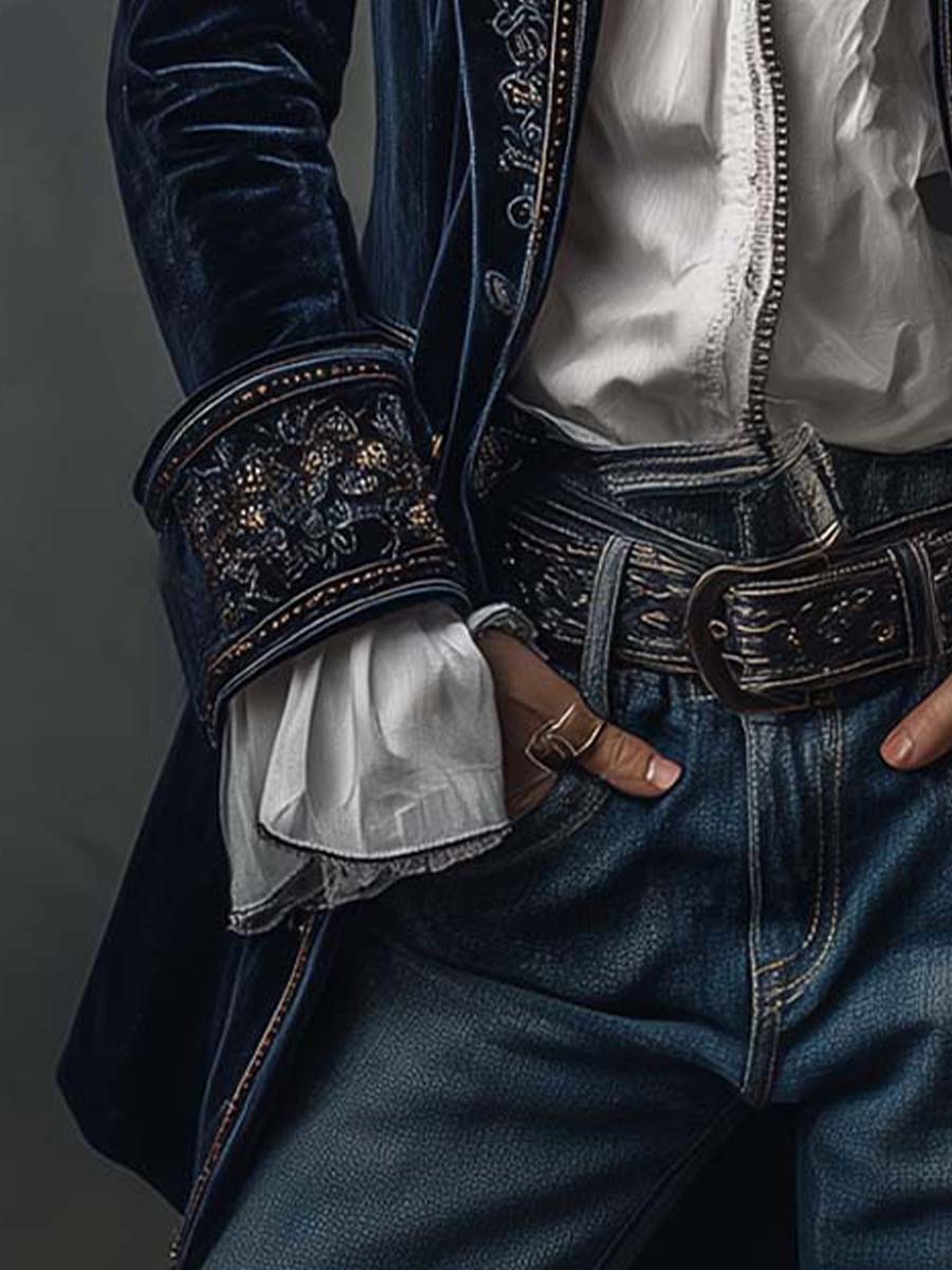 Athénaïs | Giacca Lunga Ricamata Vintage Blu Marino