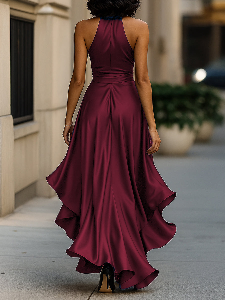 Triana | Abito in Raso con Volant Halter Eleganza di Mezzanotte