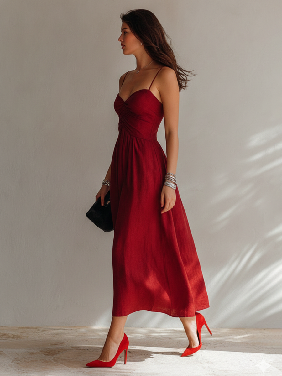 Abito Midi Minimalista in Lino con Spalline a Spaghetti per Donna