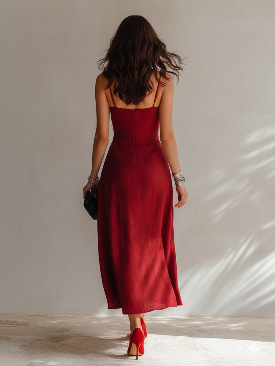 Abito Midi Minimalista in Lino con Spalline a Spaghetti per Donna