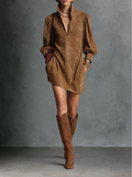 Silvia | Mini Abito in Suede Marrone Ampio con Zip e Collo Alto