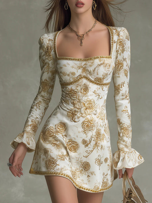 Rosalinde | Mini Abito in Velluto, Stampa Rose Vintage