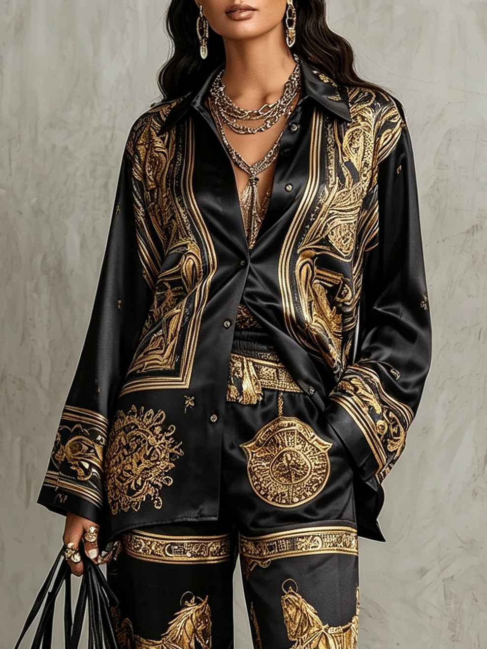 Set di Due Pezzi: Camicia a Maniche Lunghe con Stampa Barocca Arancione e Pantaloni a Gamba Larga