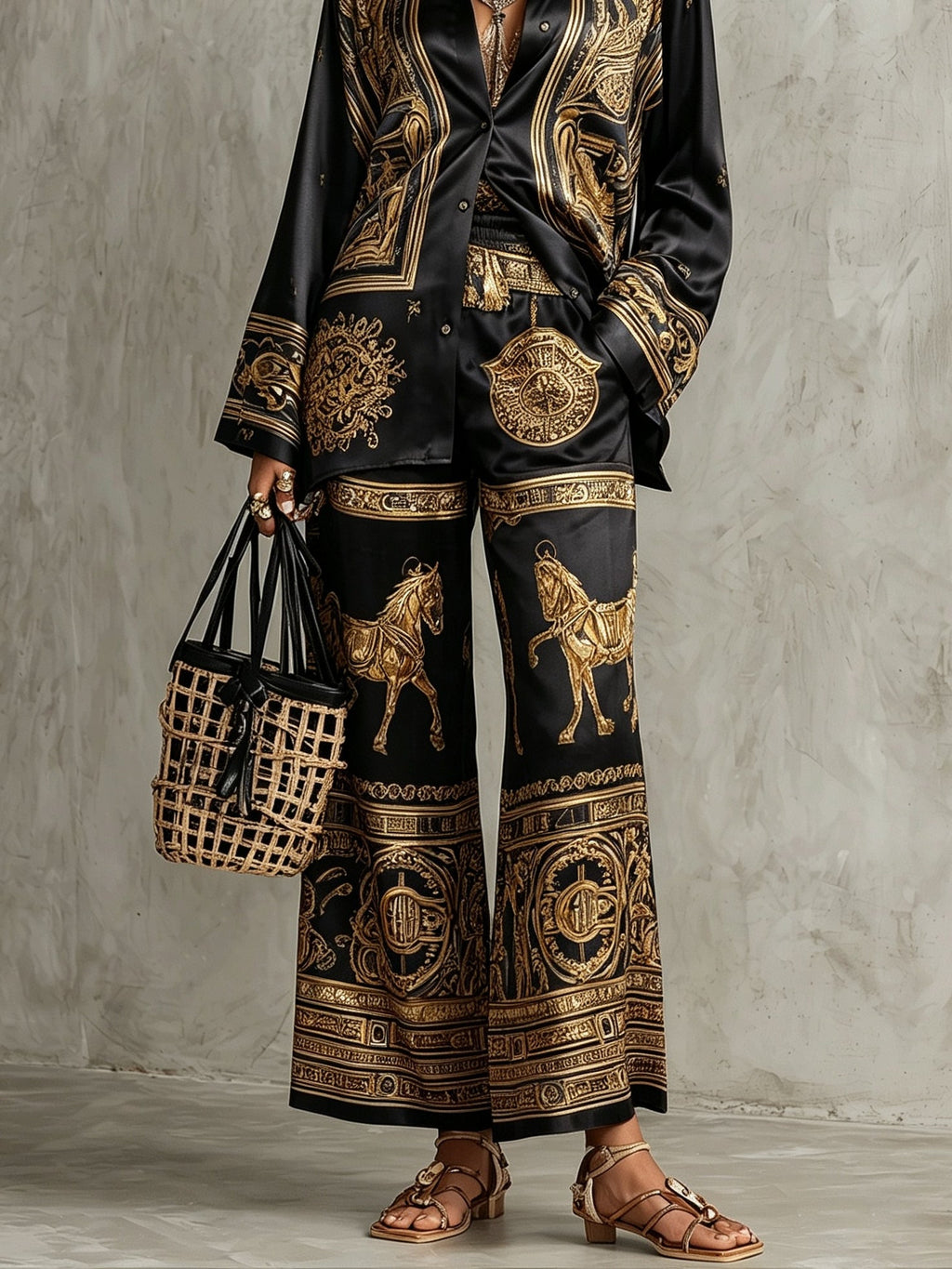 Set di Due Pezzi: Camicia a Maniche Lunghe con Stampa Barocca Arancione e Pantaloni a Gamba Larga
