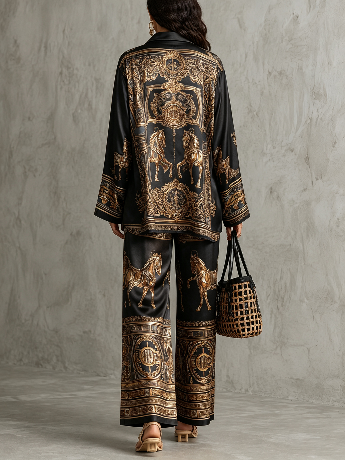Set di Due Pezzi: Camicia a Maniche Lunghe con Stampa Barocca Arancione e Pantaloni a Gamba Larga