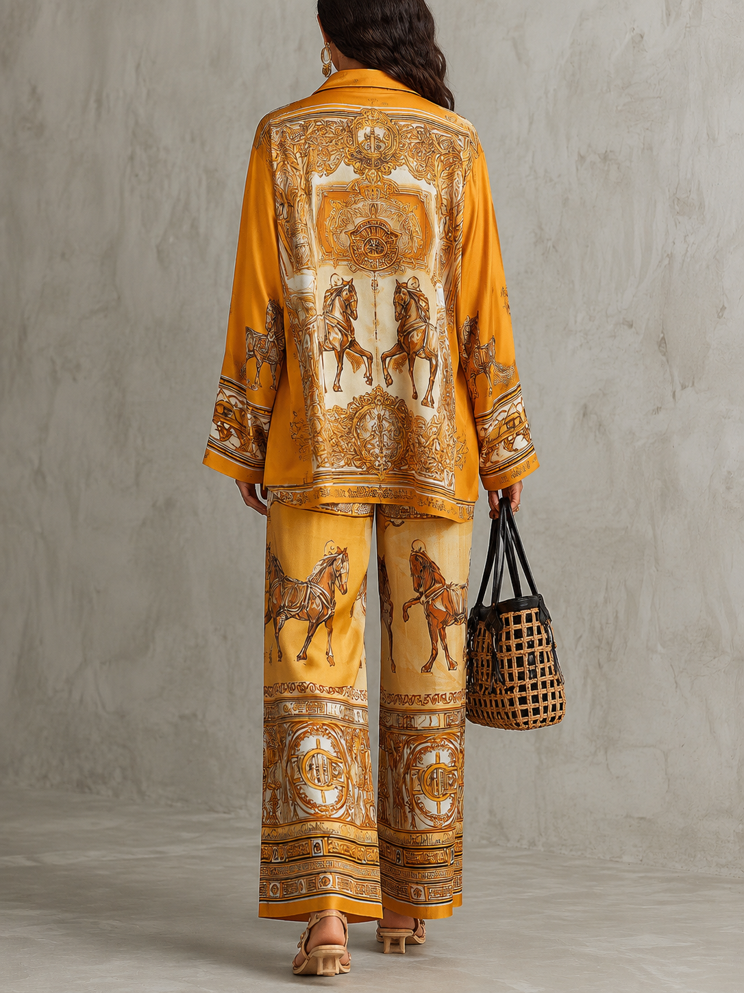 Set di Due Pezzi: Camicia a Maniche Lunghe con Stampa Barocca Arancione e Pantaloni a Gamba Larga