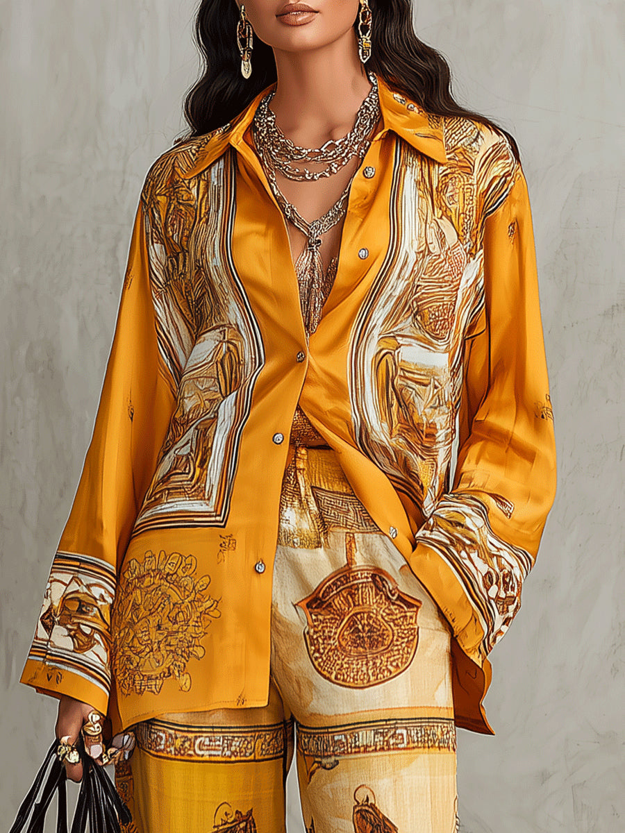 Set di Due Pezzi: Camicia a Maniche Lunghe con Stampa Barocca Arancione e Pantaloni a Gamba Larga