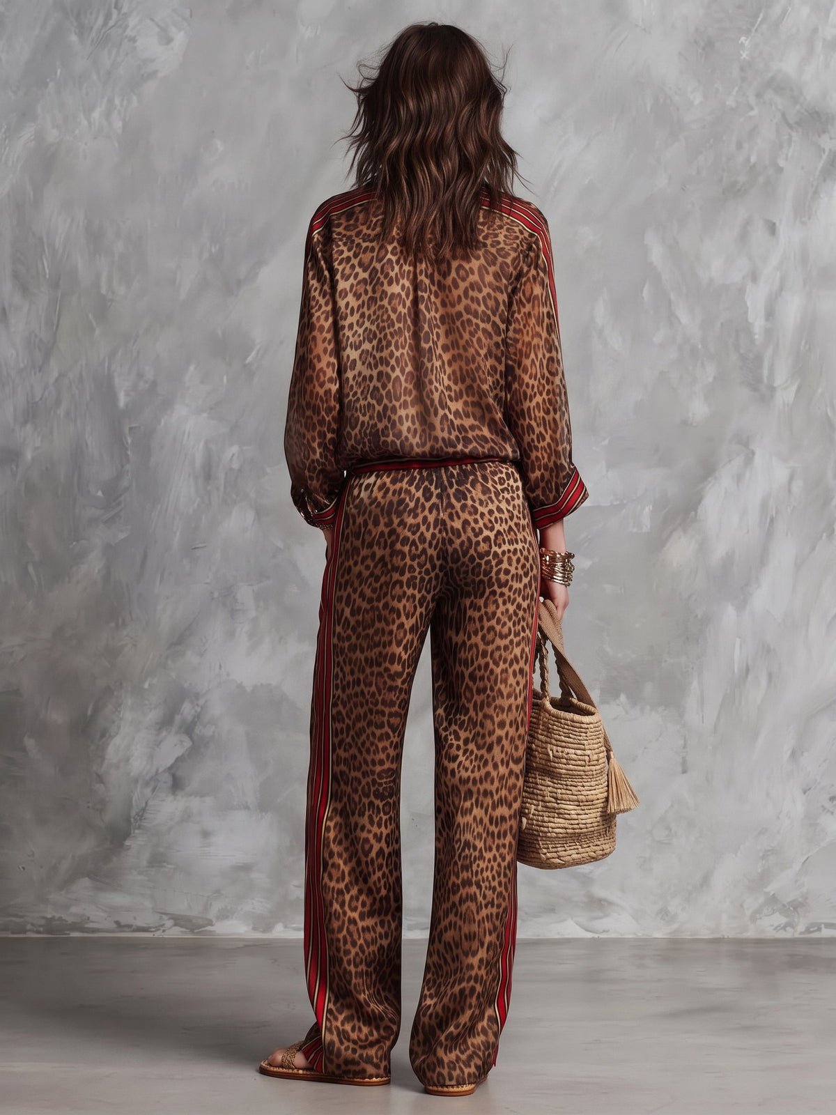 Set di Camicia a Stampa Leopardo Marrone e Pantaloni a Gamba Larga