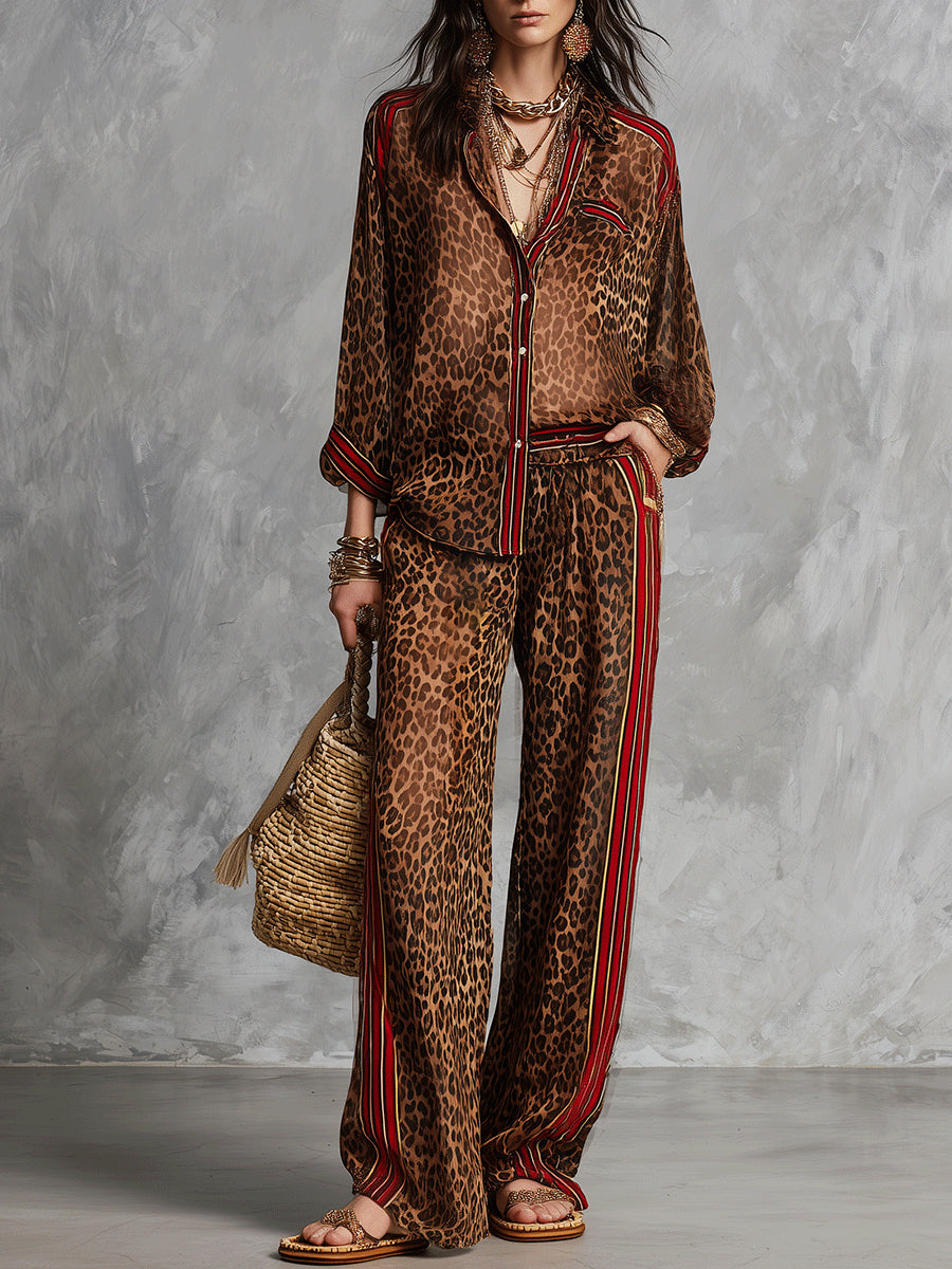 Set di Camicia a Stampa Leopardo Marrone e Pantaloni a Gamba Larga