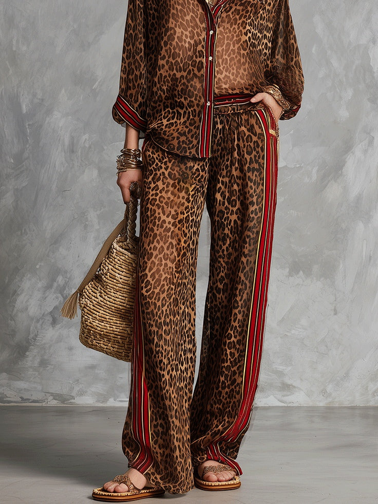 Set di Camicia a Stampa Leopardo Marrone e Pantaloni a Gamba Larga