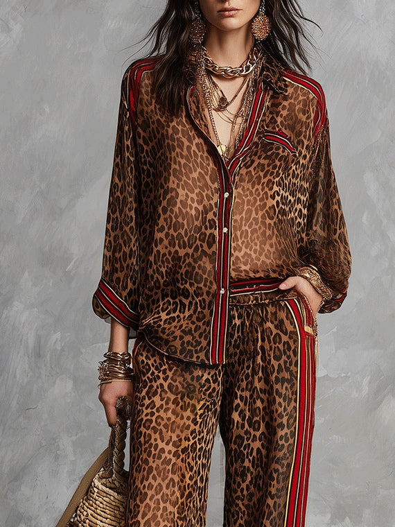 Set di Camicia a Stampa Leopardo Marrone e Pantaloni a Gamba Larga