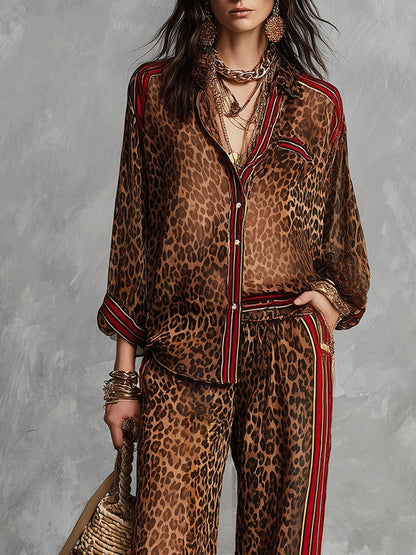 Set di Camicia a Stampa Leopardo Marrone e Pantaloni a Gamba Larga