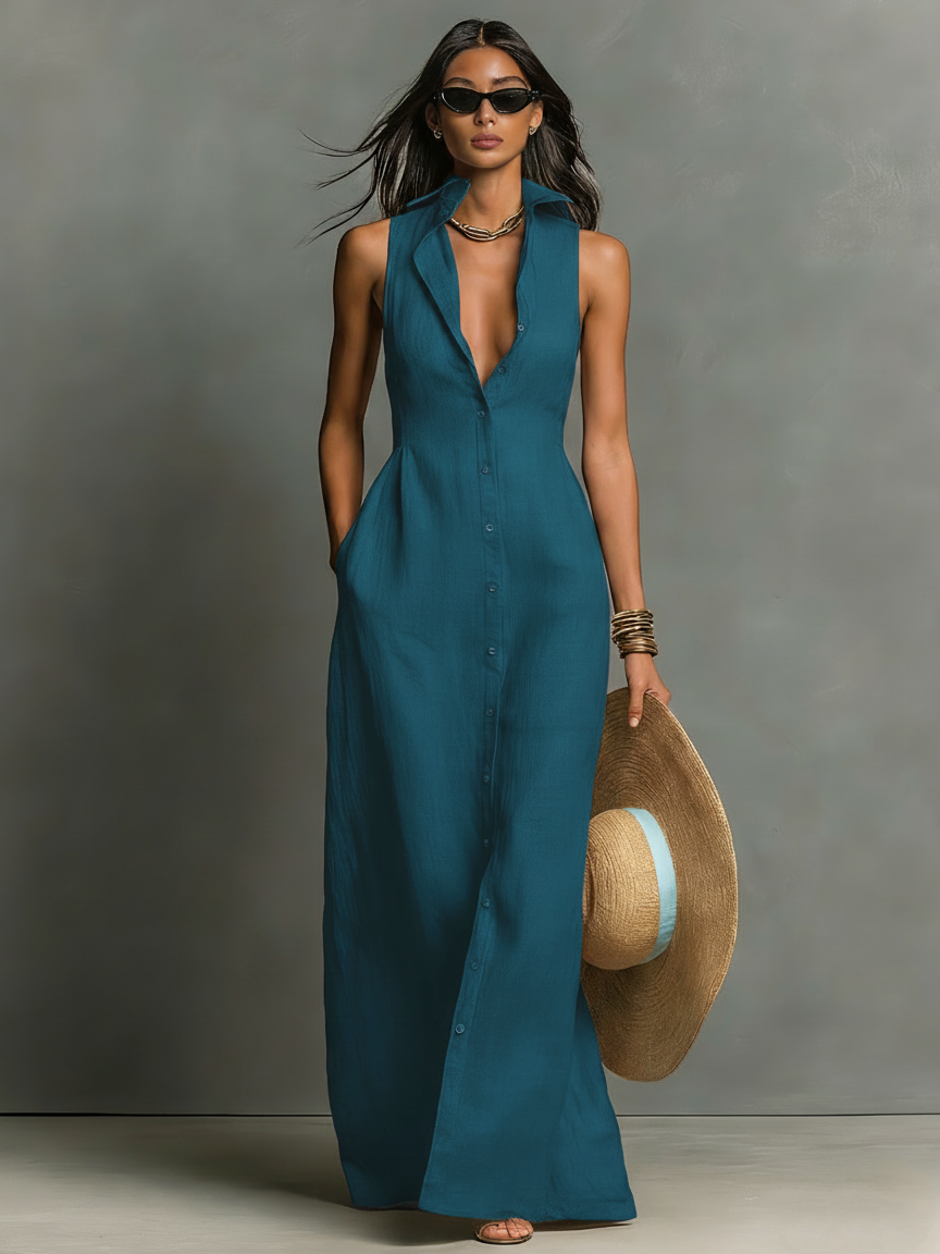 Abito Maxi Senza Maniche in Lino Minimalista per Donna -