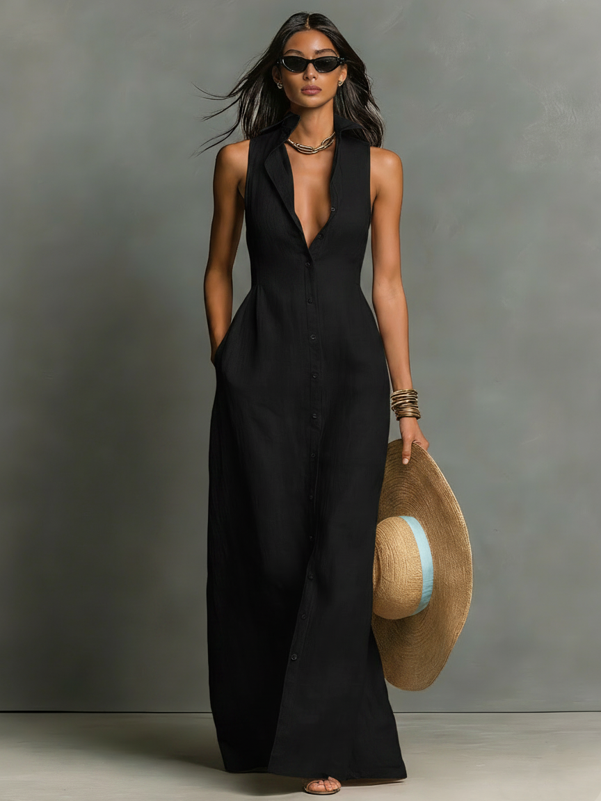 Abito Maxi Senza Maniche in Lino Minimalista per Donna -