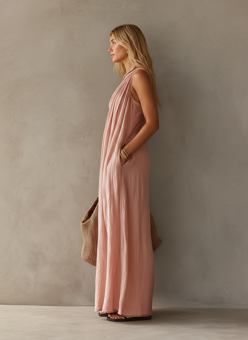 Abito Maxi Elegante Senza Maniche Rosa in Cotone e Lino per Donna