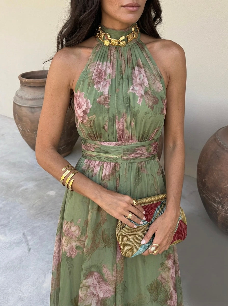 Lidia | Abito lungo floreale con collo halter