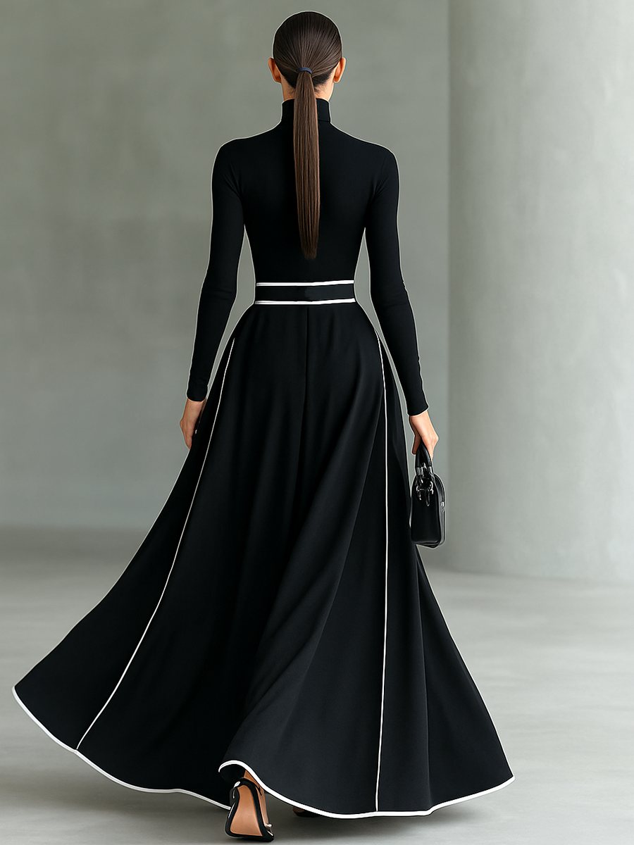 Colette | Abito Maxi Donna Nero con Cuciture Bianche e Collo Alto, Maniche Lunghe, Vita Sottile