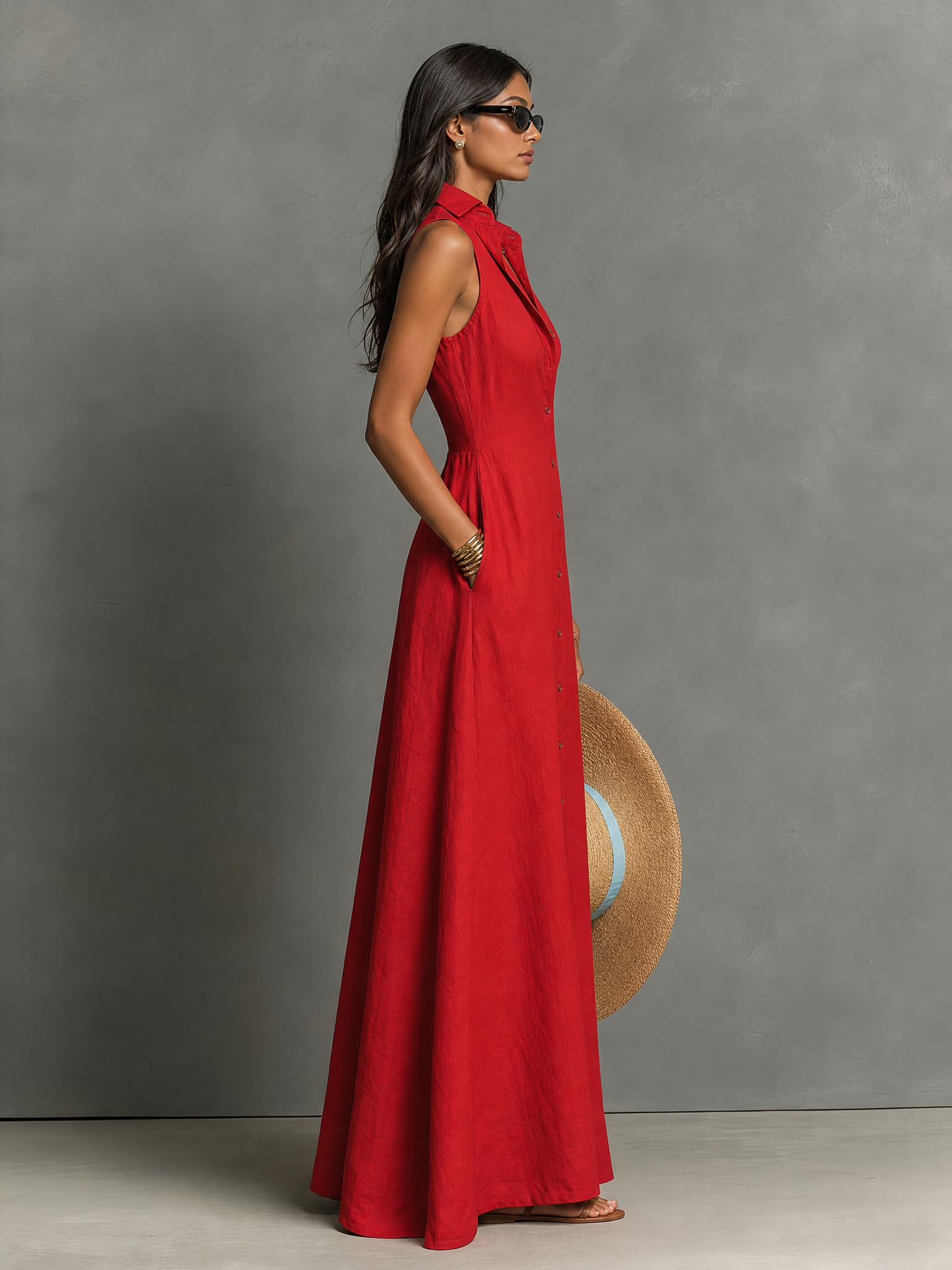 Abito Maxi Senza Maniche in Lino Minimalista per Donna -