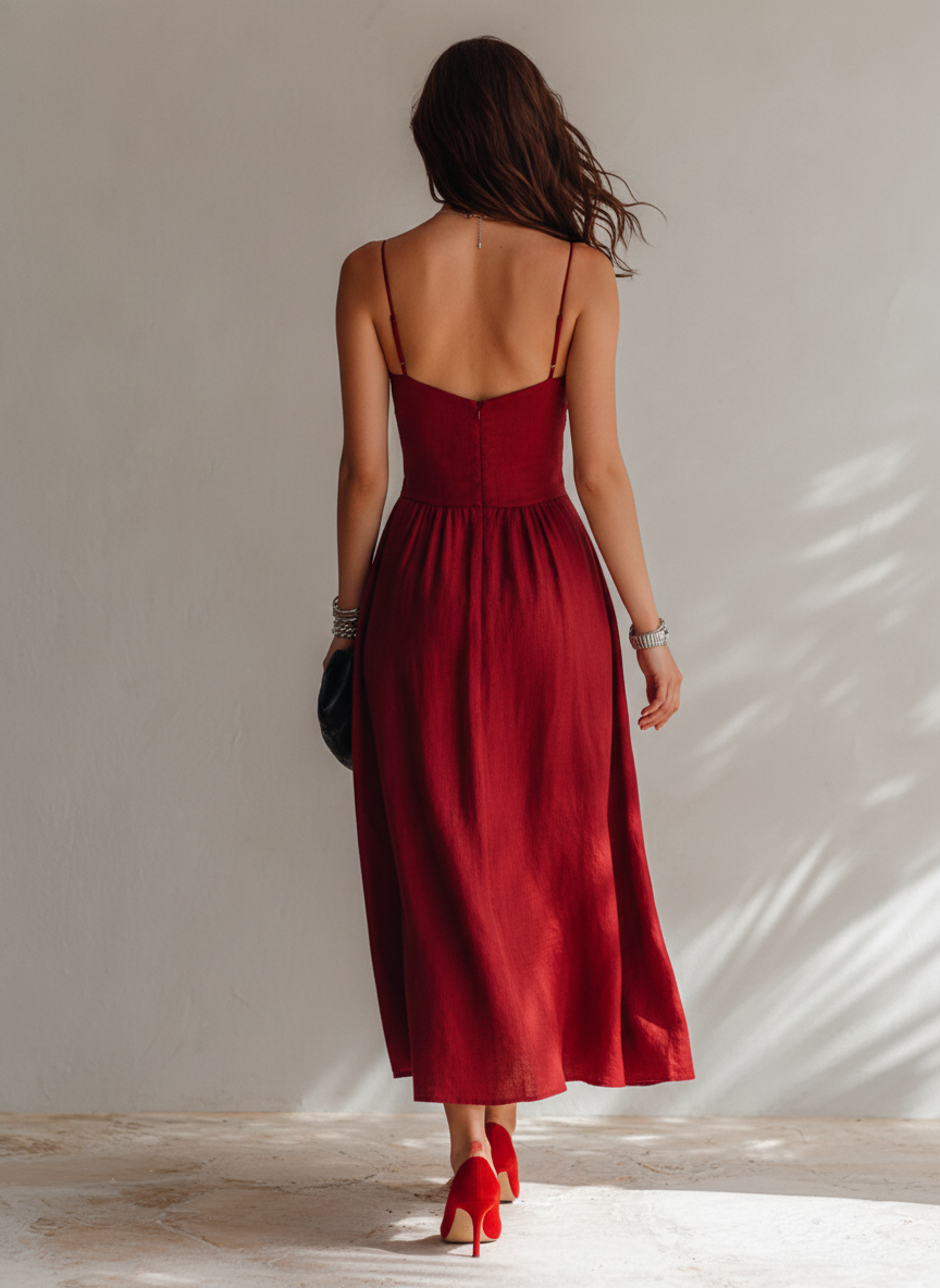 Abito Midi Minimalista in Lino con Spalline a Spaghetti per Donna