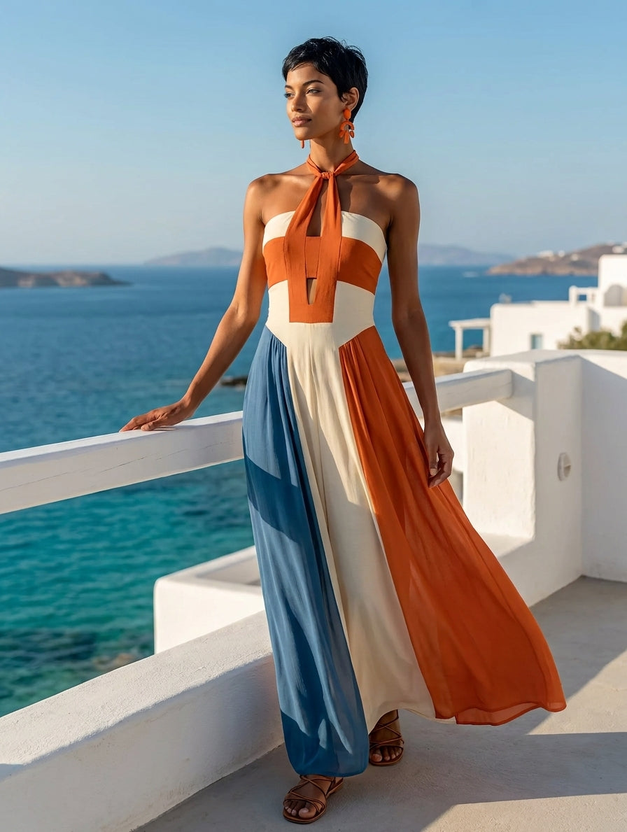 Abito Maxi Donna a Blocchi di Colore Arancione, Bianco e Blu con Scollo Halter e Corpetto Arricciato -