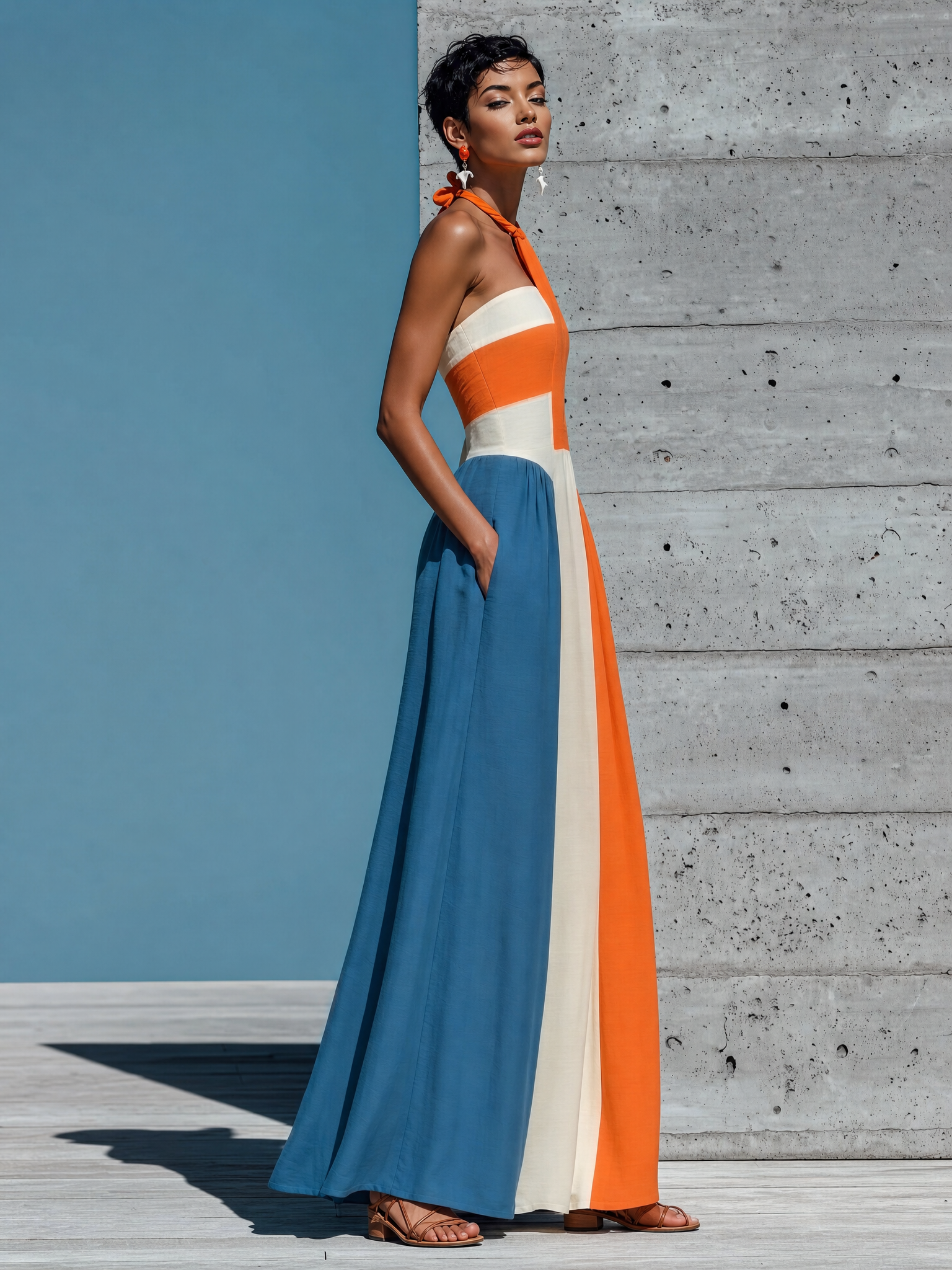 Abito Maxi Donna a Blocchi di Colore Arancione, Bianco e Blu con Scollo Halter e Corpetto Arricciato -