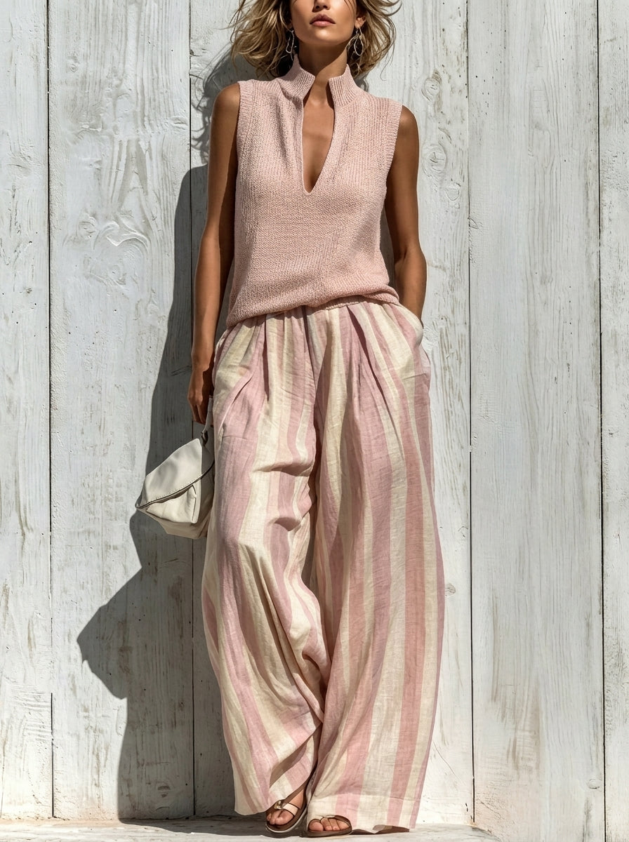 Sofía | Completo Elegante in Tessuto Fluido: Top e Pantaloni Palazzo a Righe