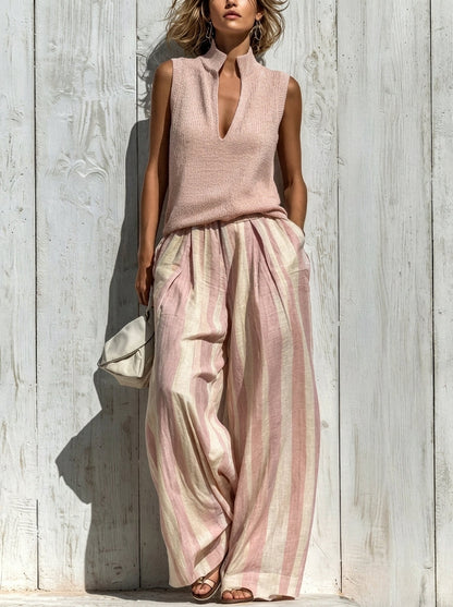 Sofía | Completo Elegante in Tessuto Fluido: Top e Pantaloni Palazzo a Righe